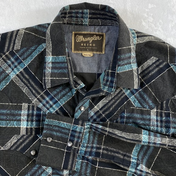 Wrangler Retro Shirt Men's Sz L Blue Black Western Long Sleeve Pearl Snap Button - Picture 1 of 10